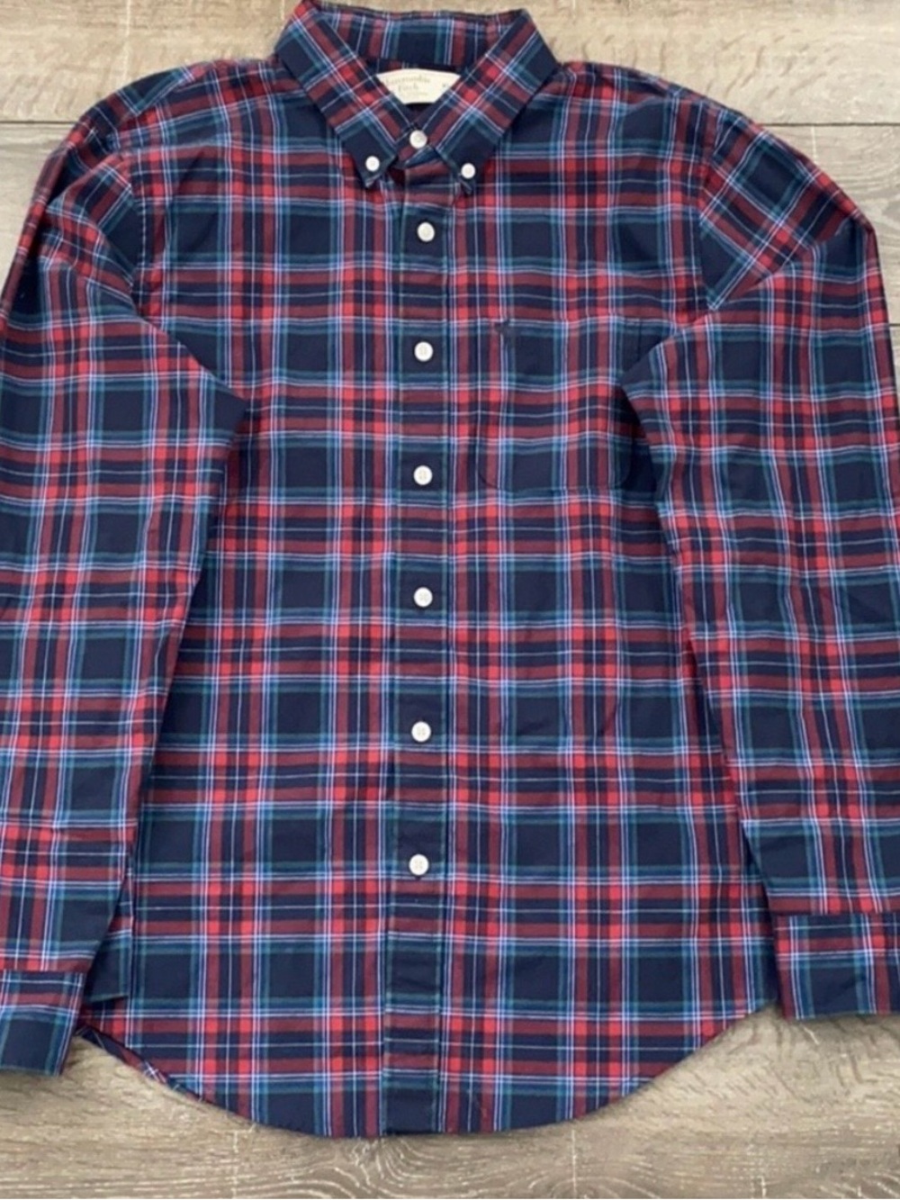 Abercrombie & Fitch Red and Navy Plaid Button-Down Shirt